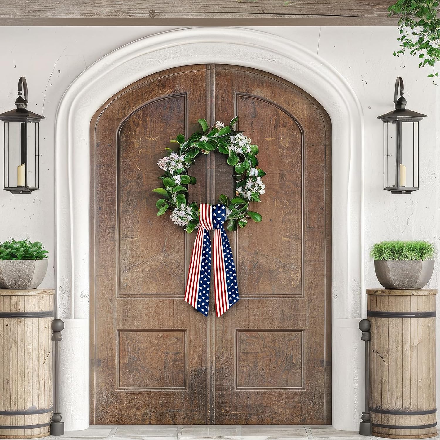 2pcs Patriotic Wreath Sash for Front Door Red White Stripe Wreath Satin Sash Star Garland Ribbon Accessories for Wreath Yard Doorway Indoor Outdoor Bow Bridal Shower Home Decor,5.1 x 54.3