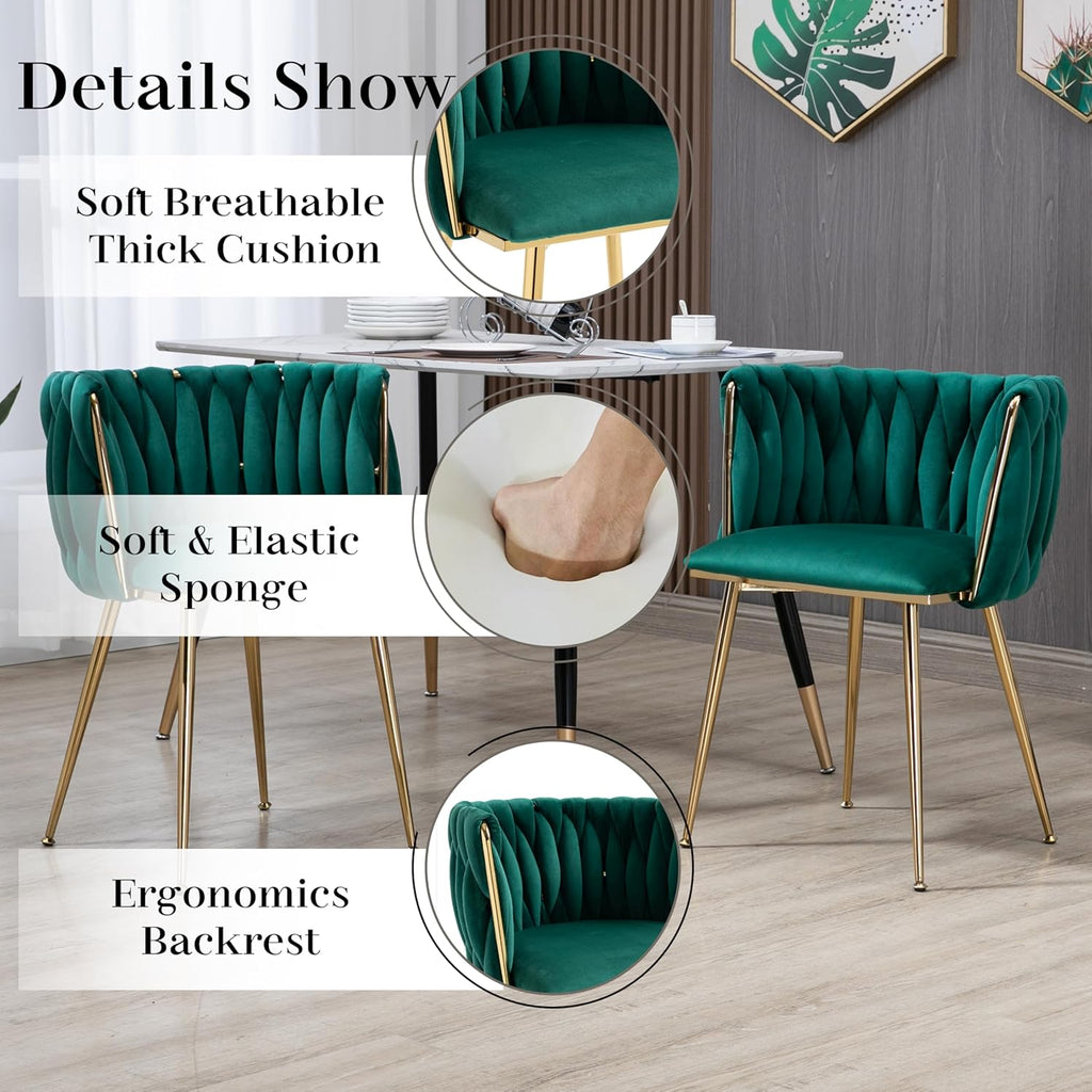 Gold Glass Round Dining Set for 2, 36'' Modern Minimalist Luxury Circle Dinner Room Set, 3 Piece Clear Glass Circular Kitchen Table with Green Woven Chair Set, for Small Apartment Home
