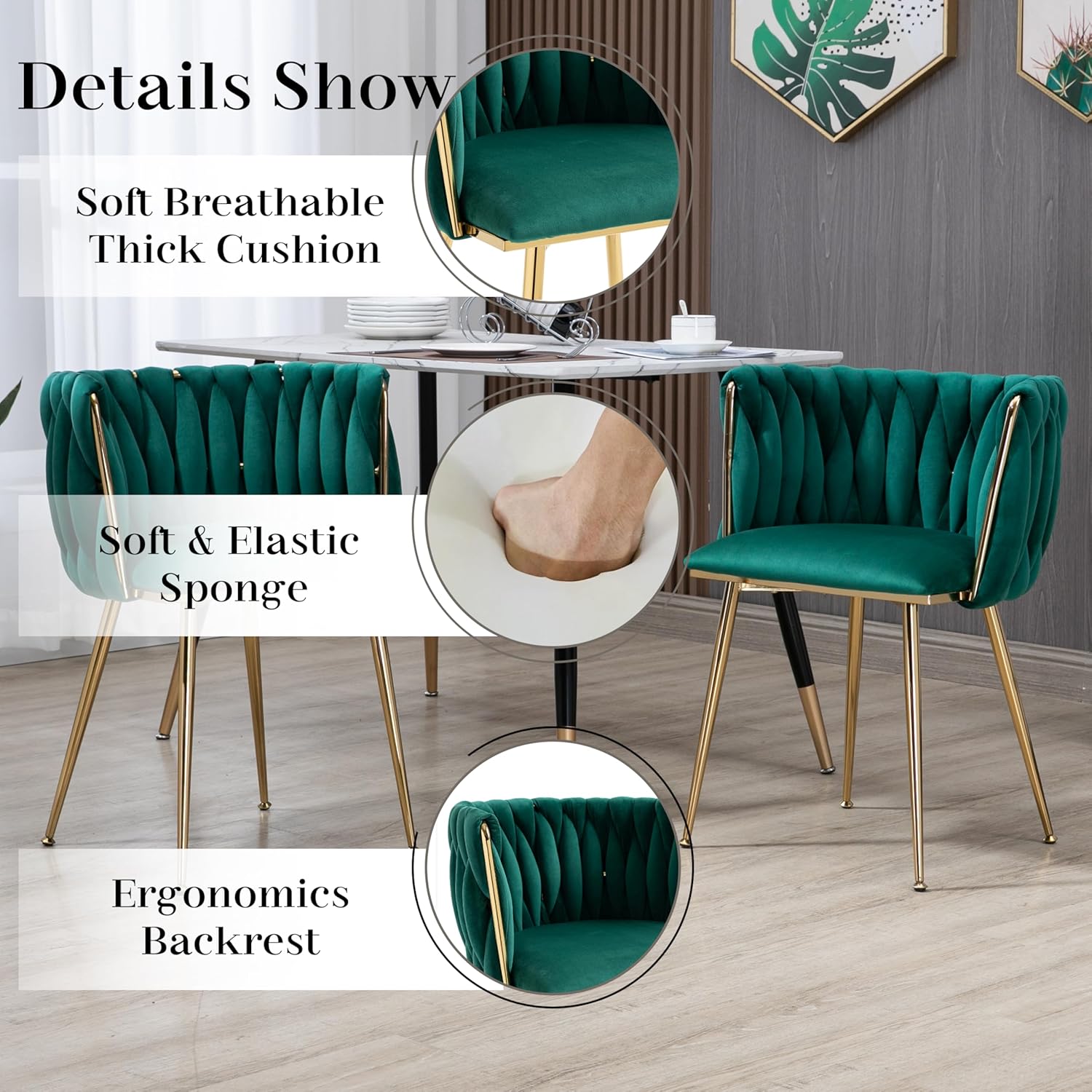 Gold Glass Round Dining Set for 2, 36'' Modern Minimalist Luxury Circle Dinner Room Set, 3 Piece Clear Glass Circular Kitchen Table with Green Woven Chair Set, for Small Apartment Home