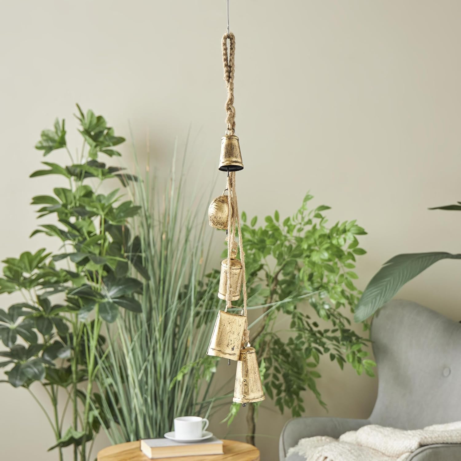 Deco 79 Golden Bell Cluster | Indoor Tibetan Inspired Cascading Meditation Bell With 5 Bells On Jute Hanging Rope Cowbells