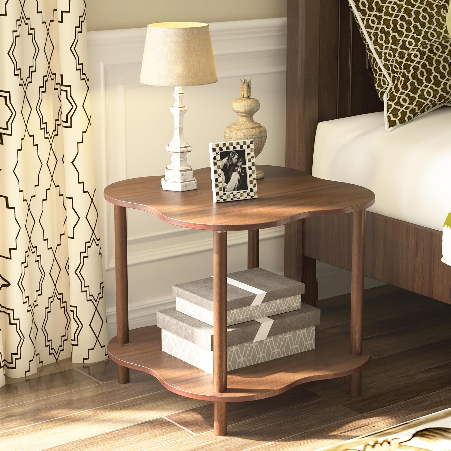 Wood End Side Table with Storage Shelf, 2-Tier Flower Shaped Coffee Table for Living Room, Walnut Sofa Tables, Modern Accent Side Tables for Couch, Farmhouse Nightstand for Bedroom, Small Spaces
