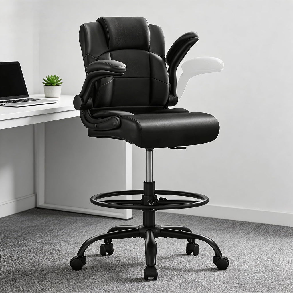 Pu Leather Drafting Chair,Tall Office Chair for Standing Desk with Footring,Counter Height Adjustable High Office Chair with Flip-up Armrests for Home,Drawing
