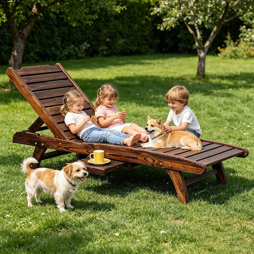 Kids Chaise Lounge Chair Outdoor, Wood Double Pool Lounger Chairs w/Cup Holders, High Backrest, Arm Rest, Activities Furniture for Patio, Garden, Indoor Outdoor