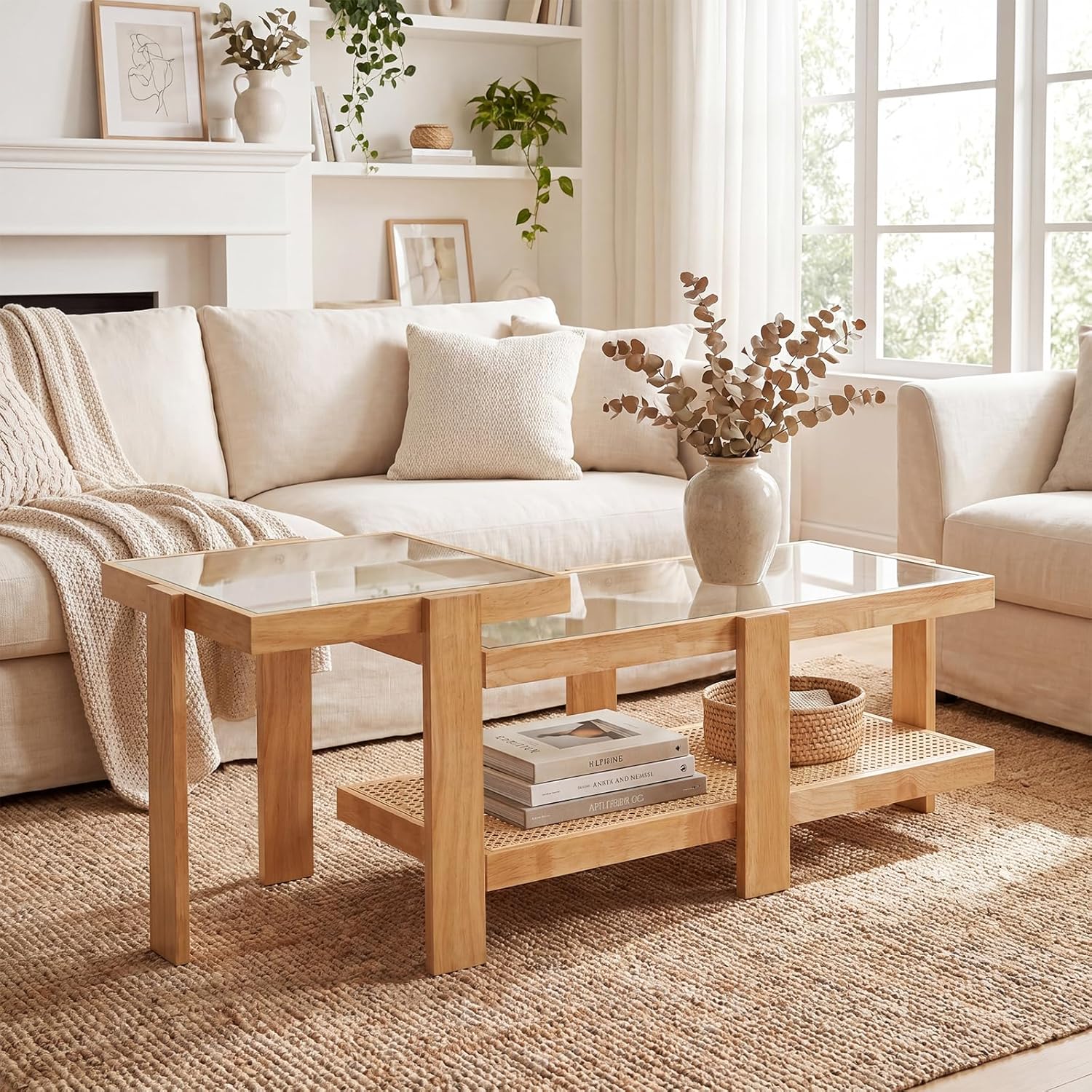 Giantex Nesting Coffee Table Set of 2, Boho Rattan Accent Table with Tempered Glass Top & Solid Rubber Wood Frame, Modern Rectangular Center Table for Living Room, Natural