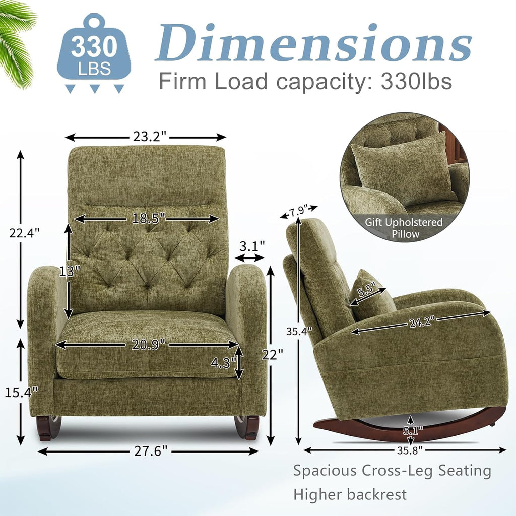VINGLI Chenille Low Seat Rocking Chair,Upholstered Nursery Glider Chair with Side Pockets,Accent Arm Chair with High Backrest,Comfy Head Rest,Solid Wood,for Living Room Bedroom Balcony,Olive Green