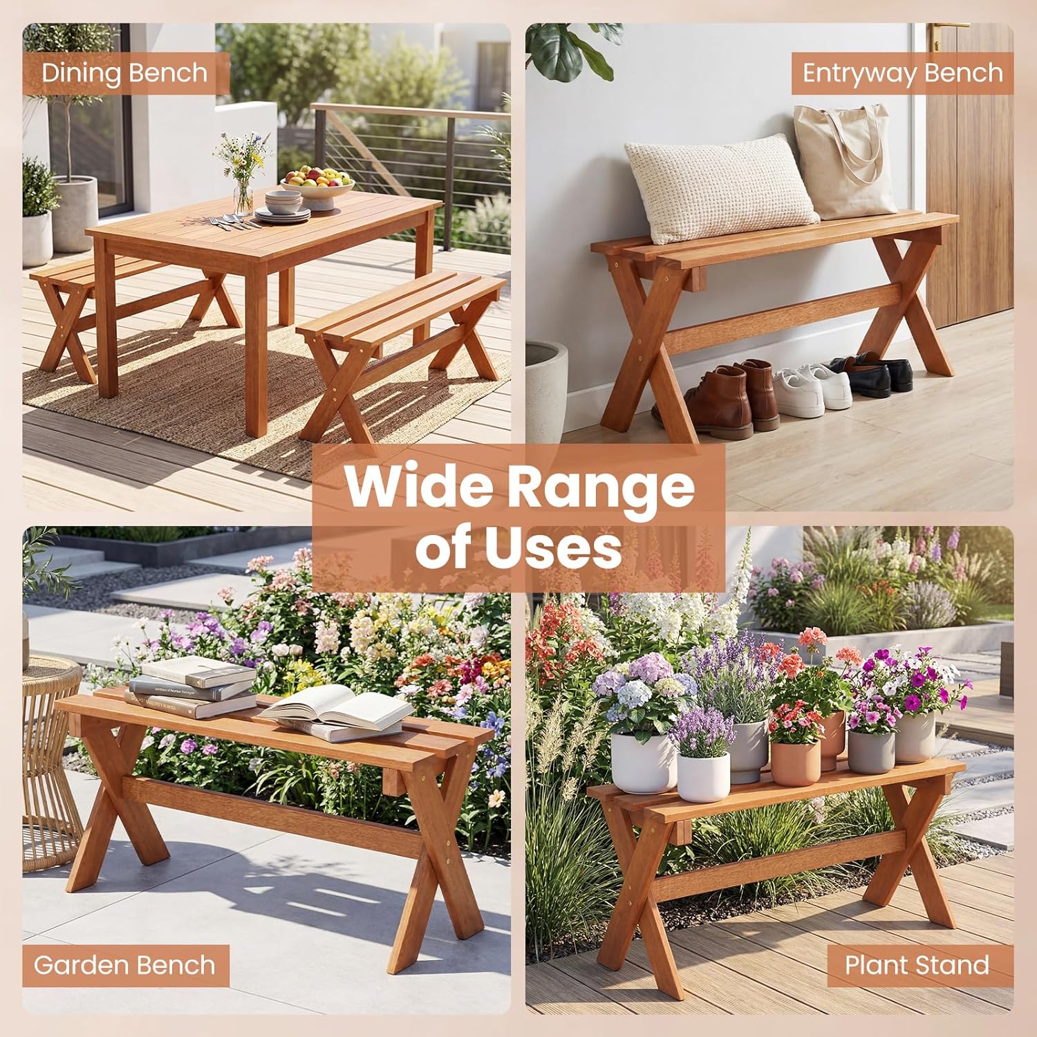 Tangkula Outdoor Wood Bench Backless, Patio Dining Bench with Teak Oil Finish & Slatted Seat, X-Shaped Frame, Farmhouse Wooden Bench Plant Stand, Outside Bench for Porch, Garden, Entryway (1)