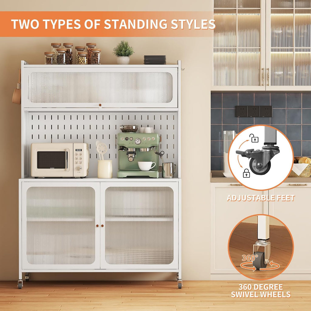 Rolling Kitchen Pantry Cabinet with 2 Glass Doors & Adjustable Shelves, Freestanding Metal Storage Credenza Organizer Utility Cupboard for Pantry, Kitchen, Bathroom,White