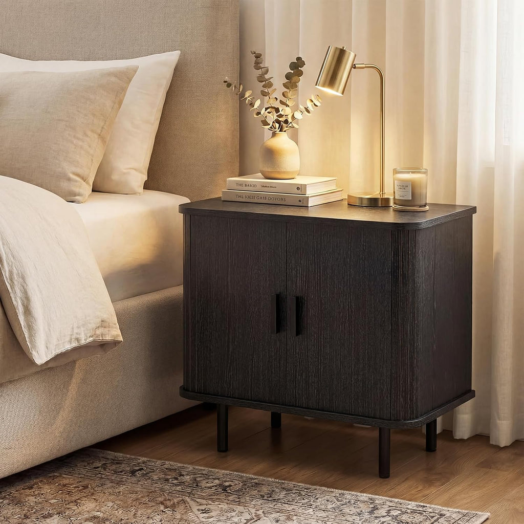 Giantex 24’’ Large End Table Set of 2, Mid Century Modern Nightstand w/Fluted Sliding Doors & Storage Shelves, Farmhouse Accent Bedside Night Stand, Wood Sofa Side Table for Living Room Bedroom, Black