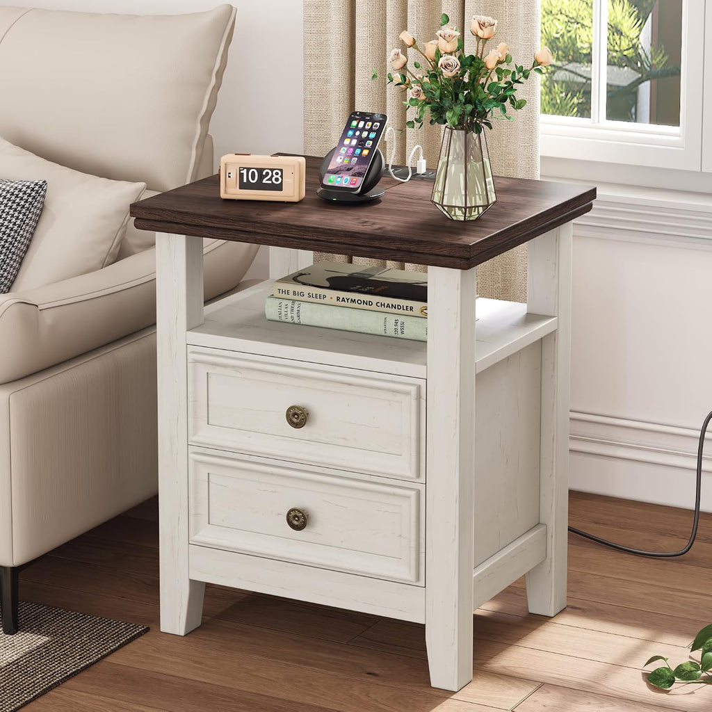 BOSHIRO Antique White Nightstand with Charge Station,Sofa End Table with 2 Drawers & Storage Shelf, Wooden Bed Side Table with USB Ports & Outlets for Bedroom,Home Office