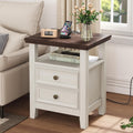 BOSHIRO Antique White Nightstand with Charge Station,Sofa End Table with 2 Drawers & Storage Shelf, Wooden Bed Side Table with USB Ports & Outlets for Bedroom,Home Office