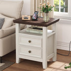 BOSHIRO Antique White Nightstand with Charge Station,Sofa End Table with 2 Drawers & Storage Shelf, Wooden Bed Side Table with USB Ports & Outlets for Bedroom,Home Office