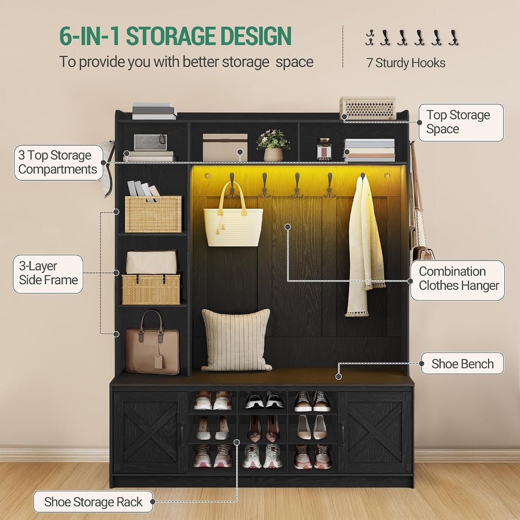 Hzuaneri 59.8" Hall Tree, LED Farmhouse Entryway Storage and Coat Rack Wood, Entryway Furniture with 7 Hooks, Hall Tree with Bench and Storage, 6 Storages Partitions Shoe Bench, Black HT24804X
