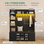 Hzuaneri 59.8" Hall Tree, LED Farmhouse Entryway Storage and Coat Rack Wood, Entryway Furniture with 7 Hooks, Hall Tree with Bench and Storage, 6 Storages Partitions Shoe Bench, Black HT24804X