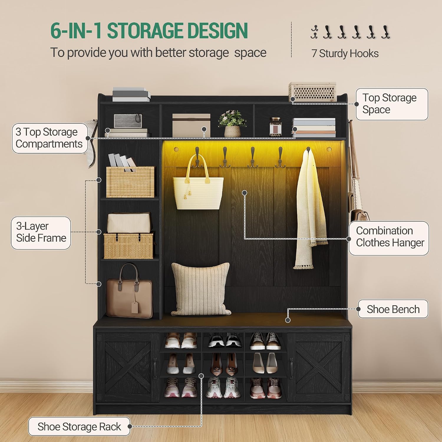 Hzuaneri 59.8" Hall Tree, LED Farmhouse Entryway Storage and Coat Rack Wood, Entryway Furniture with 7 Hooks, Hall Tree with Bench and Storage, 6 Storages Partitions Shoe Bench, Black HT24804X
