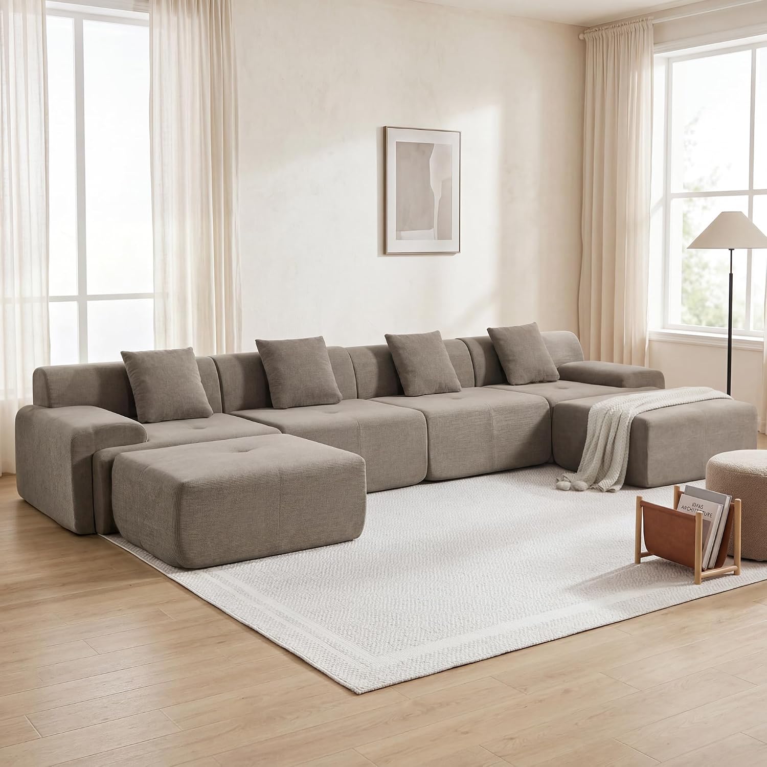160" U Shaped Boneless Modular Sectional Sofa, Oversized 6-Seater Full Sponge Cloud Couch with Movable Ottoman, Corduroy Upholstery Couches for Living Room, No Assembly, Brown