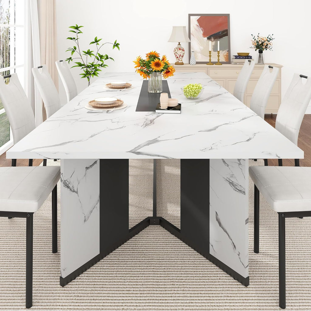 7-Piece Dining Table Set for 8 10 People, 94" Large Long Wooden Kitchen Table with 6 Cushion Chairs W/Waterproof Tabletop, Farmhouse Rectangular Dinner Table for Dining Room,Kitchen,Easy Clean