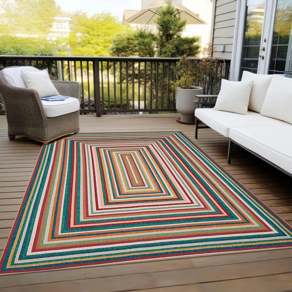 Multicolor Washable Outdoor Rug 8' x 10', Colorful, Stain Resistant, Easy Clean, Waterproof, Durable Area Rug for Outdoor Patio, Deck, Porch, Entryway, Foyer
