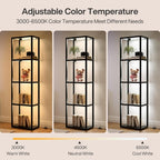 Tribesigns Display Shelf Floor Lamp with Shelves, Modern Black Glass Display Cabinet with Remote & 3 CCT Dimmable LED, Tall 5-Tier Wooden Conner Open Bookshelf Lamp for Bedroom Office Living Room