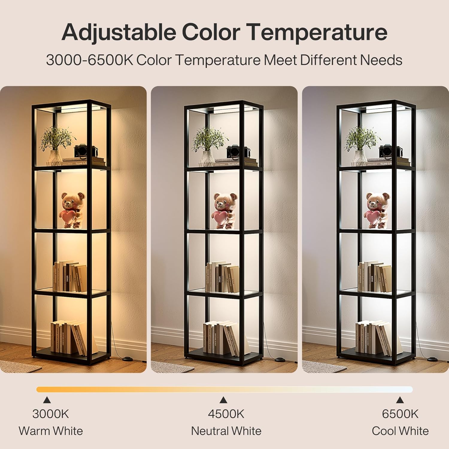 Tribesigns Display Shelf Floor Lamp with Shelves, Modern Black Glass Display Cabinet with Remote & 3 CCT Dimmable LED, Tall 5-Tier Wooden Conner Open Bookshelf Lamp for Bedroom Office Living Room