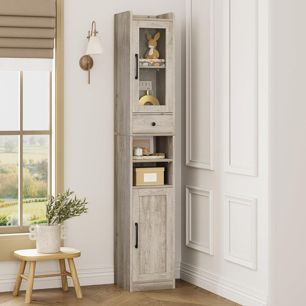 IRONCK Tall Bathroom Cabinet with Drawer and Door, 71" H Slim Freestanding Narrow Storage Cabinet with Adjustable Shelves, Retractable Toilet Paper Rod, for Small Spaces, 11.8" W Rustic Maple