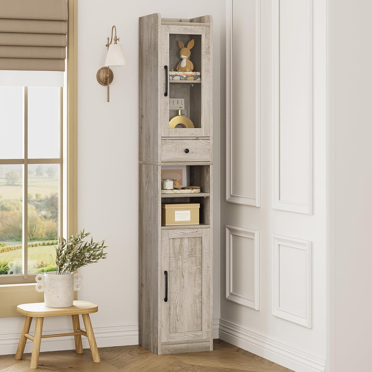 IRONCK Tall Bathroom Cabinet with Drawer and Door, 71" H Slim Freestanding Narrow Storage Cabinet with Adjustable Shelves, Retractable Toilet Paper Rod, for Small Spaces, 11.8" W Rustic Maple