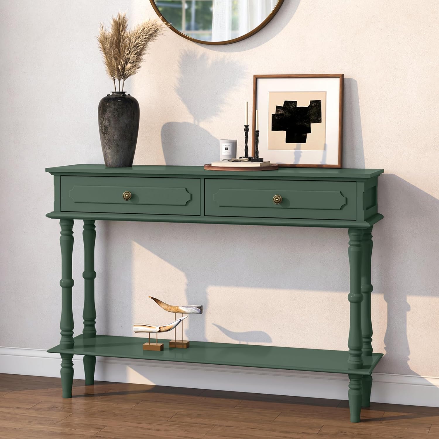Console Table with 2 Drawers & Open Shelf, Green Retro Entryway Table with Storage Cabinets, Narrow Long Couch Table Behind Sofa for Living Room, Foyer, Hallway