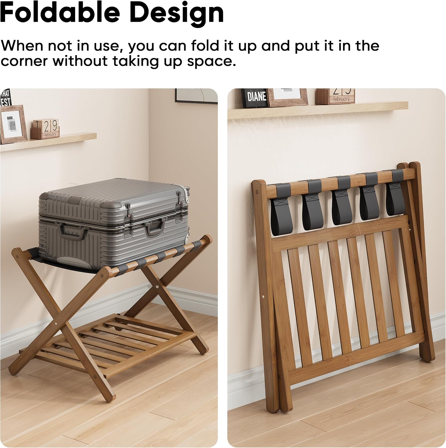 Smuxee Fully Assembled Black Walnut Luggage Rack, Upgraded Bamboo Foldable Suitcase Stand with 5 Nylon Straps, Luggage Holder with Shelf for Guest Room Bedroom Hotel