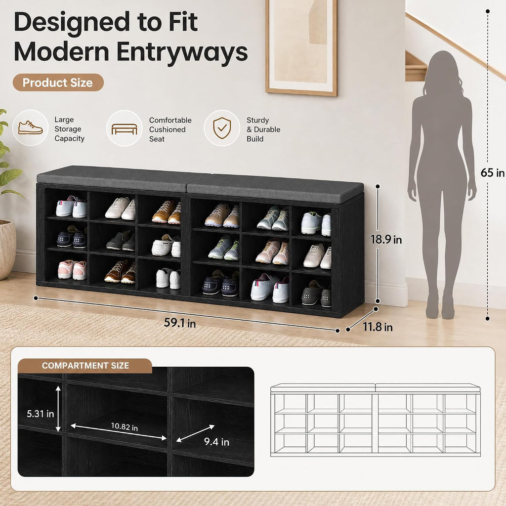 Shoe Storage Bench with Padded Seat, 18-Cubby Shoe Organizer for Entryway, 59.1" Long 700 lb Capacity, for Living Room, Bedroom, Hallway (Blackboard with Dark Gray, Linen, Sponge)