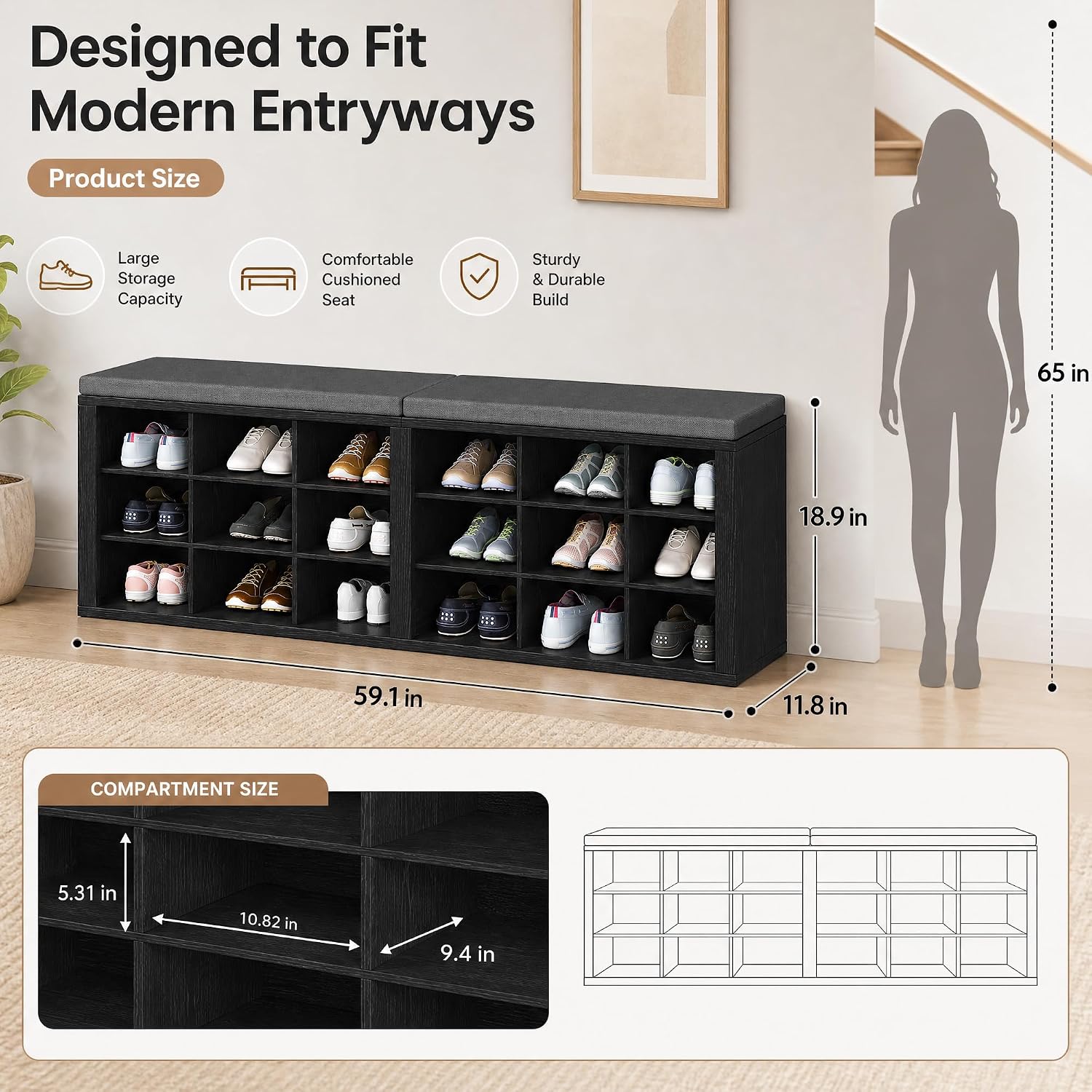 Shoe Storage Bench with Padded Seat, 18-Cubby Shoe Organizer for Entryway, 59.1" Long 700 lb Capacity, for Living Room, Bedroom, Hallway (Blackboard with Dark Gray, Linen, Sponge)