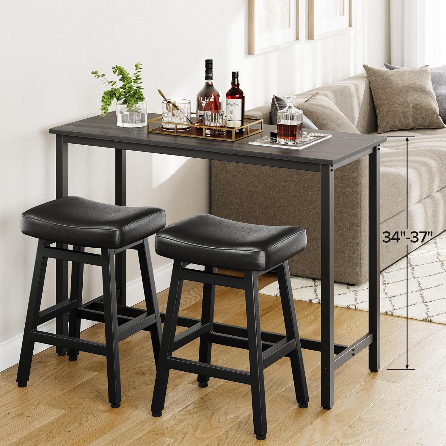 Raynesys 24 Inche Bonded Leather Counter Height Bar Stools Set of 2 Curved | Barstools with Curved Bonded Leather Seats & Heavy Duty Metal Legs for Kitchen Counter, Easy Assembly, All Black