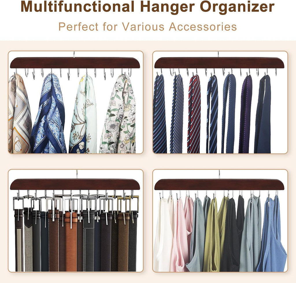Belt Hanger for Closet, Sturdy Wood Belt Rack Closet Accessories with 14 Hooks Belt Organizer for Closet Organizers and Storage Max 42 Belts-Mahogany 2 Pack