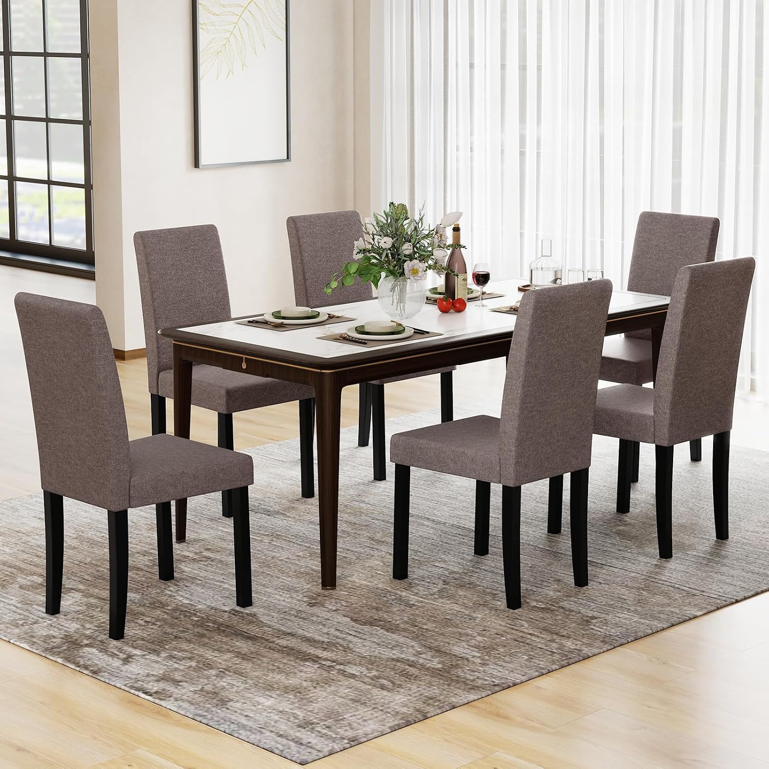 GOFLAME Upholstered Dining Chairs Set of 4, Fabric Kitchen Chairs with Padded Seat, Tilt Backrest, Rubber Wood Legs, Armless Side Chairs for Dining Room, Living Room, Restaurant, Brown