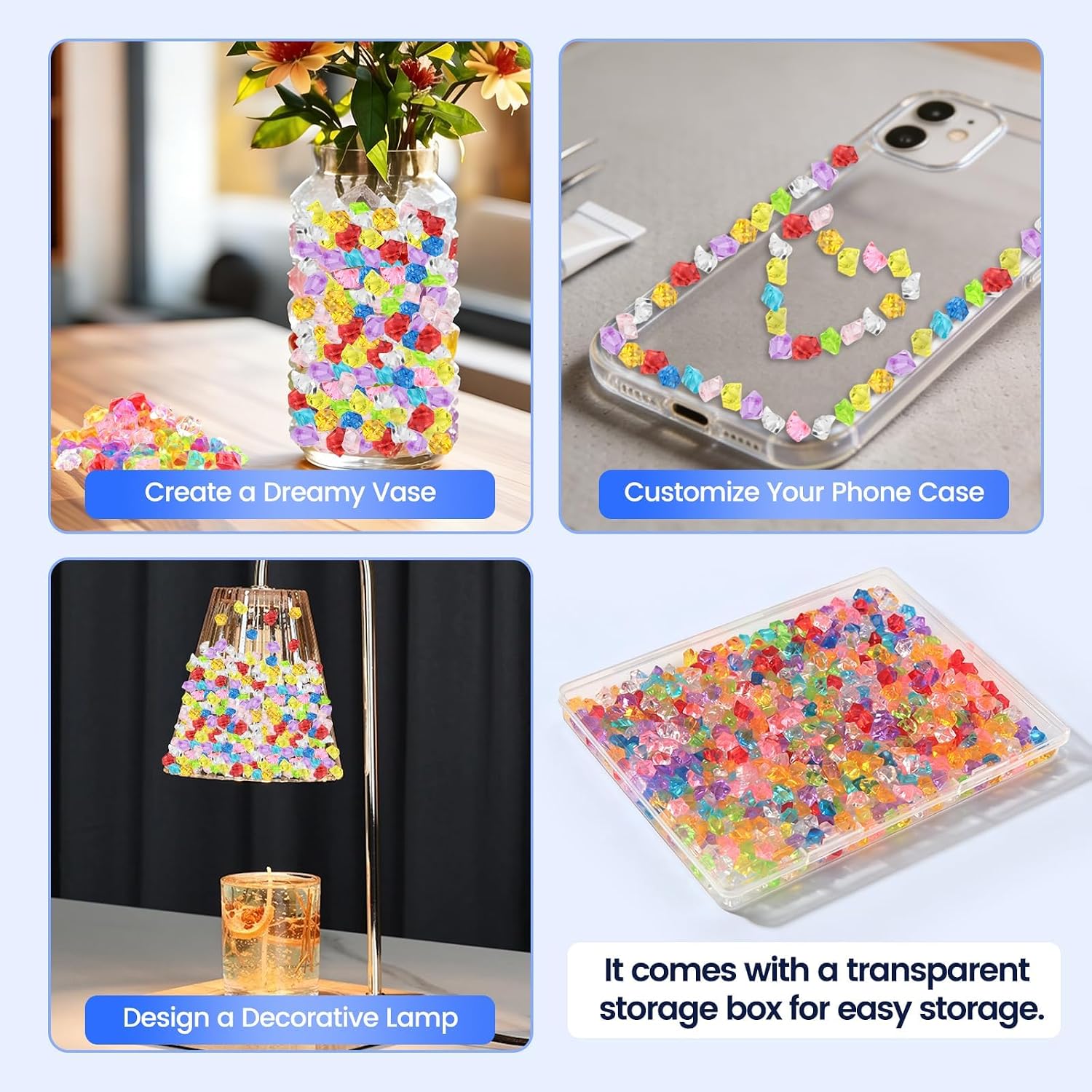 600PCS Multicolored Fake Gems, Crushed Ice Rocks Acrylic Diamond Crystals for Vase Fillers, Home Decoration, Wedding, Crafting, Sensory Bin Filler, Table Scatter (Multicolored)