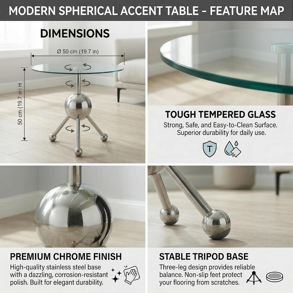 FT Global 19.7-Inch Round Glass End Table, Stainless Steel Sphere Tripod Base, Silver, Tool-Free Assembly