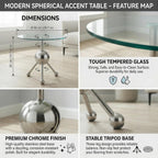 FT Global 19.7-Inch Round Glass End Table, Stainless Steel Sphere Tripod Base, Silver, Tool-Free Assembly