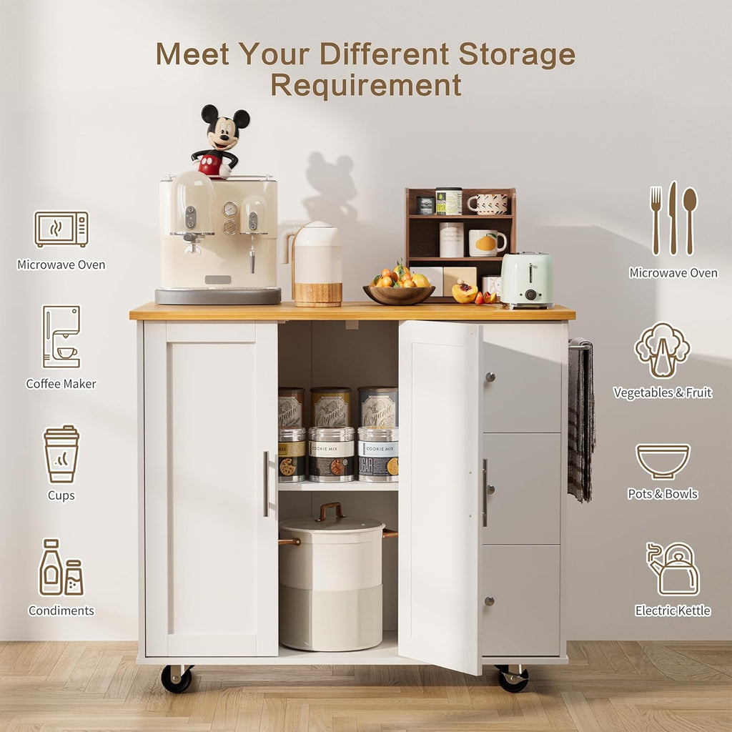 SUNLEI Kitchen Island with Storage Cabinet & Foldable Drop Leaf, Buffet Sideboard Cabinet, Cart Handle for Towel Rack, Drop Leaf, Portable Islands for Kitchen (Stylish White, 39.7-INCH)