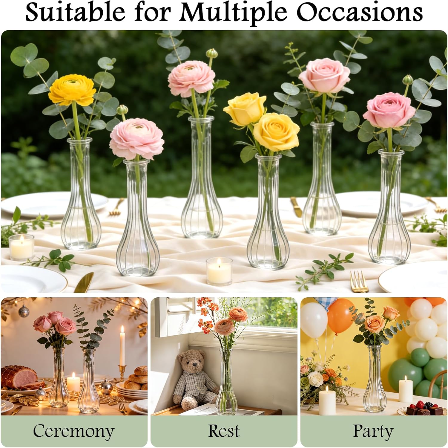 Glass Bud Vases for Centerpieces, 6 Pack Clear Small Flower Vases for Wedding Decorations and Indoor Home Decor, Hurricane Candle Holder for Table Shelf, Party