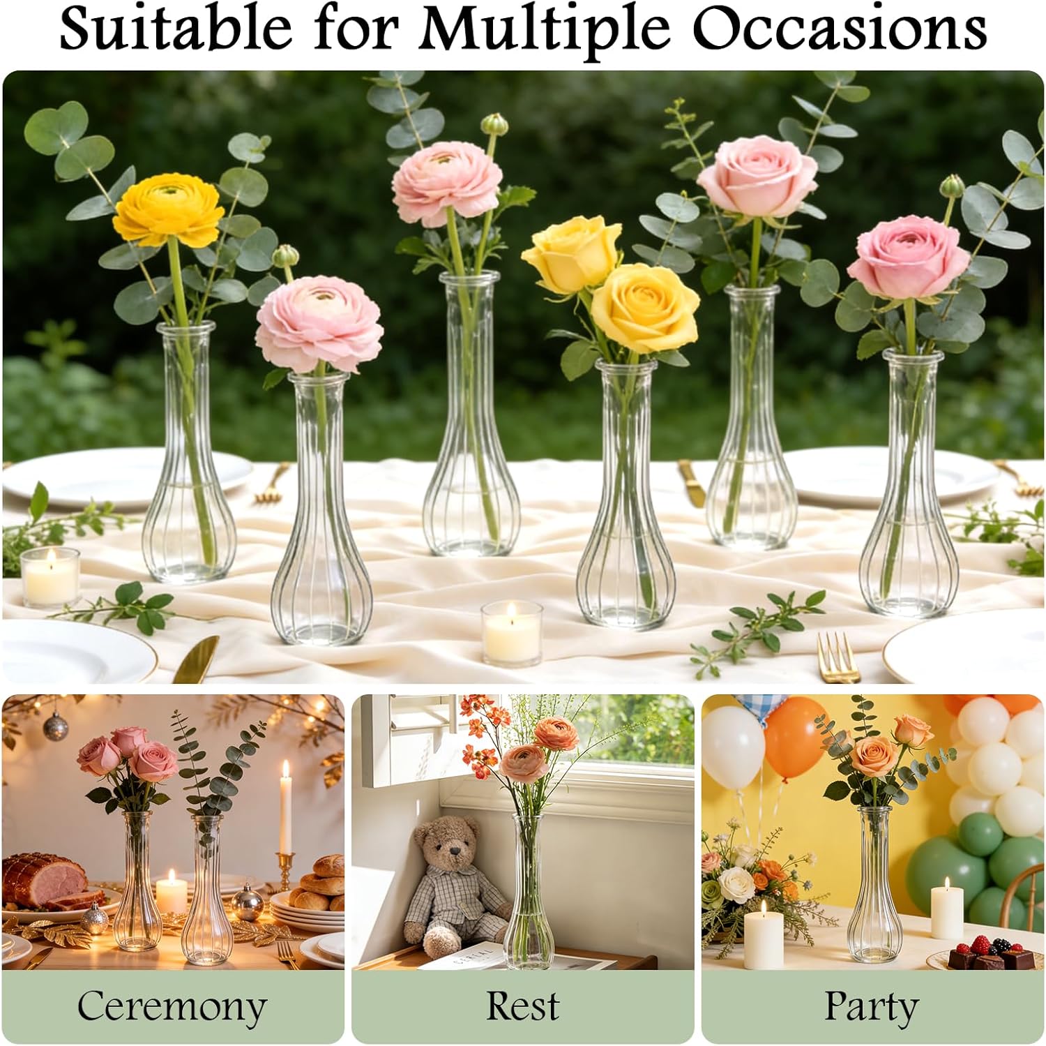 Glass Vases for Centerpieces, 12 Pack Clear Flower Vases for Wedding Decorations and Indoor Home Decor, Hurricane Candle Holder for Table Shelf, Party