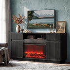 Fireplace TV Stand with 30" Electric Fireplace, Modern Fireplace Entertainment Center Fits TVs up to 70", Fluted Wood TV Console with Spacious Storage Cabinet for Living Room (Black)