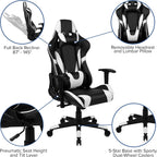 Flash Furniture X20 Fully Reclining LeatherSoft Racing Style Gaming Chair with Headrest, Lumbar Pillows, Ergonomic Swivel Computer Chair, Black/White