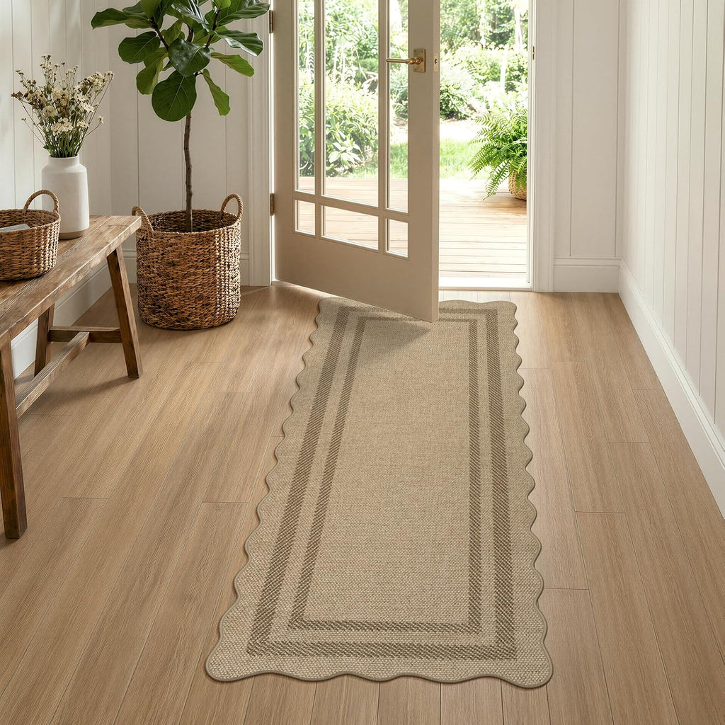 LIVEBOX Scalloped Easy Jute 2x5 Runner Kitchen Rug, Washable Non Slip Tan Rugs for Entryway Hallway, Indoor Outdoor Rug Geometric Farmhouse Carpet Door Mat Runners for Porch Bedroom Laundry Room