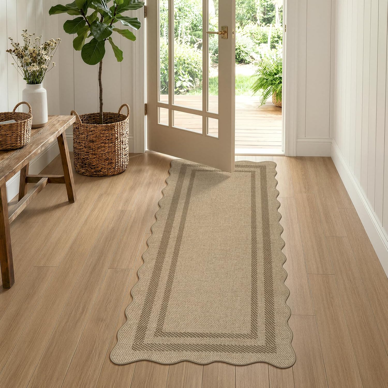 LIVEBOX Scalloped Easy Jute 2x5 Runner Kitchen Rug, Washable Non Slip Tan Rugs for Entryway Hallway, Indoor Outdoor Rug Geometric Farmhouse Carpet Door Mat Runners for Porch Bedroom Laundry Room