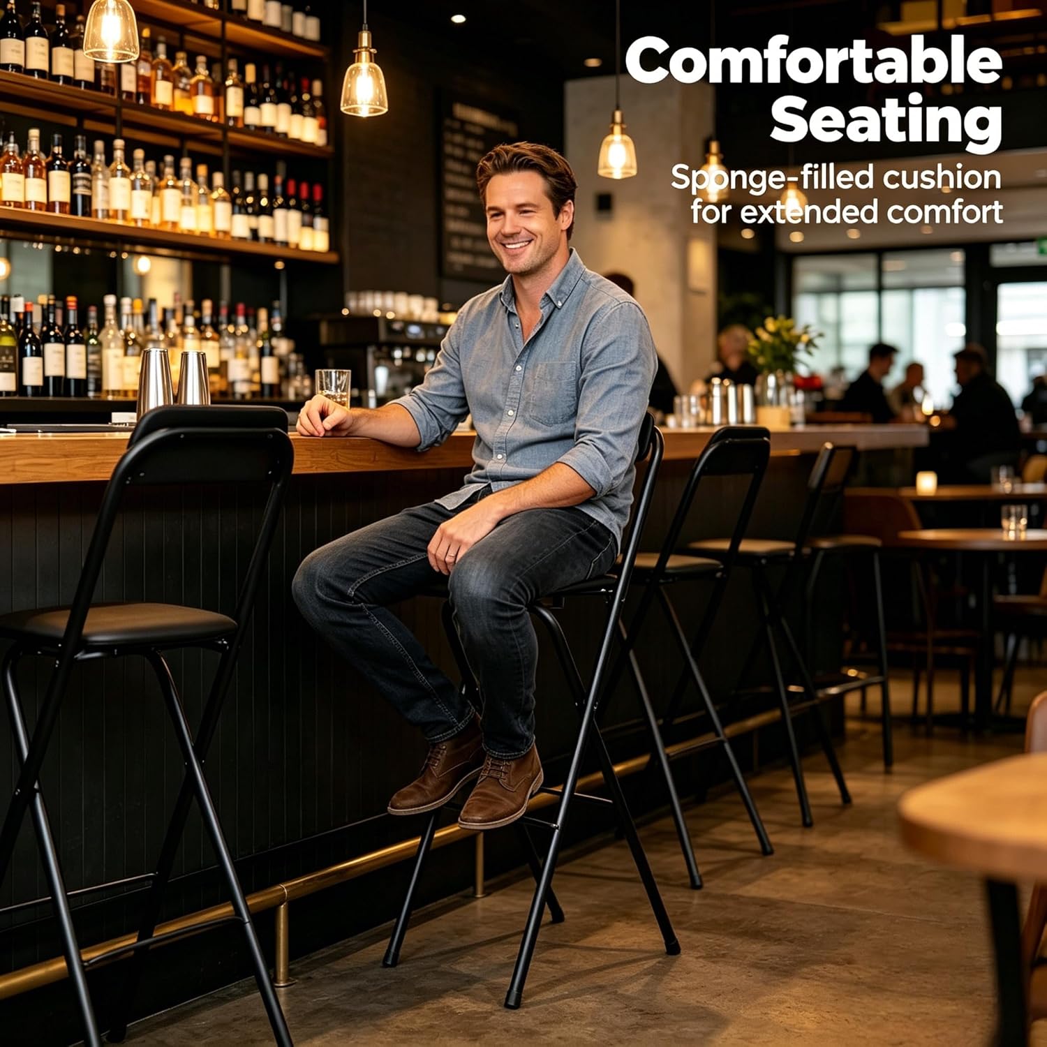 SHZICMY Folding Bar Stool with Backrest, Tall Foldable Stool Chair, Portable High Folding Bar Chair Counter 29.5" Height Seat Leather Padded for Adults Kitchen Counter Room Home Camping, Black