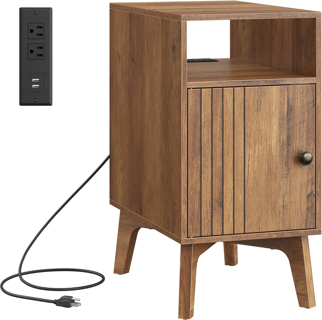 VASAGLE MAEZO Collection - End Table with Charging Station, Narrow Side Table, Nightstand with Tapered Legs, Curved Transitions, for Small Spaces, Living Room, Bedroom, Honey Brown ULET329K101S
