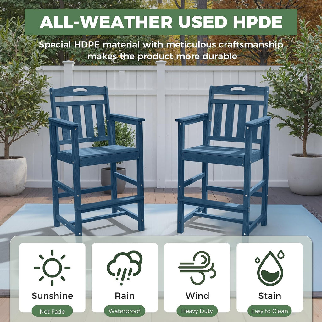 Outdoor Patio Bar Height Chair, All-Weather HDPE Tall Balcony Adirondack Stools for Bistro, Garden, Backyard, Deck | Navy Blue