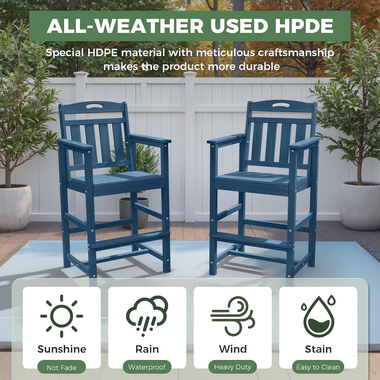 Outdoor Patio Bar Height Chair, All-Weather HDPE Tall Balcony Adirondack Stools for Bistro, Garden, Backyard, Deck | Navy Blue