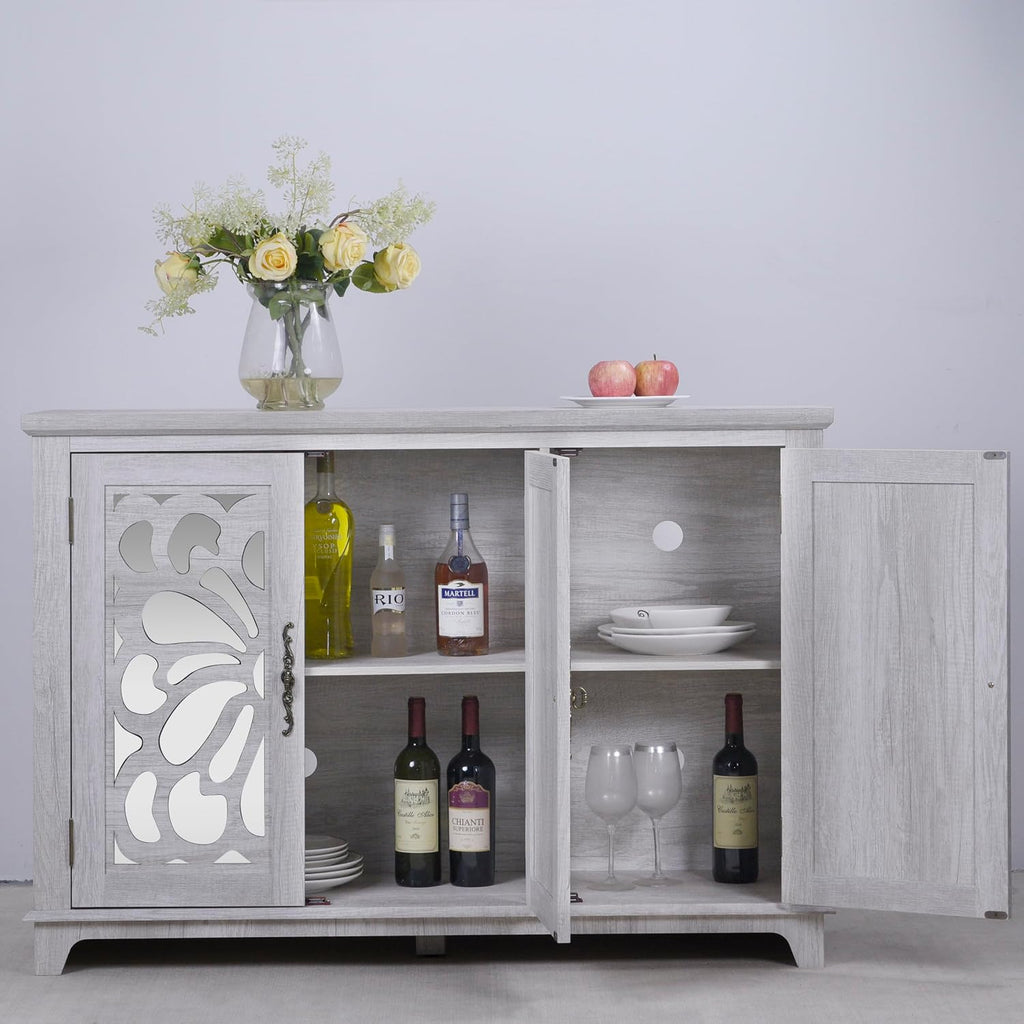 GDFStudio 49" Modern Buffet Sideboard Cabinet, Storage Cabinet with 3 Acrylic Mirrored Doors, Freestanding Credenza Buffet for Living Room Dining Room Kitchen, Large Countertop Coffee Bar, Light Gray