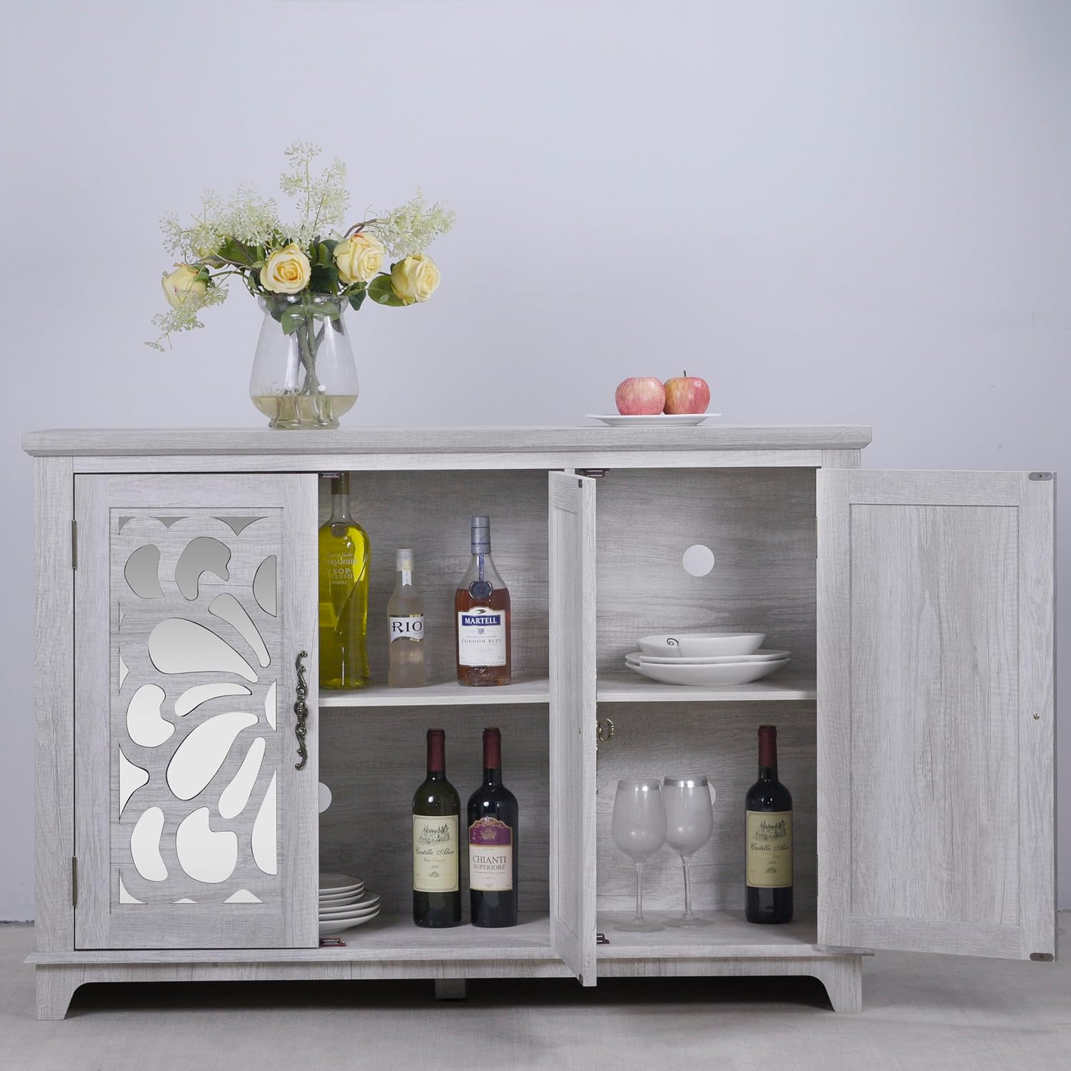 GDFStudio 49" Modern Buffet Sideboard Cabinet, Storage Cabinet with 3 Acrylic Mirrored Doors, Freestanding Credenza Buffet for Living Room Dining Room Kitchen, Large Countertop Coffee Bar, Light Gray