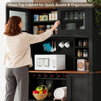 Einhomn 71" Tall Kitchen Pantry Cabinet with Charge Station, 3 Adjustable Shelves, Wine Rack and Glass Door, Kitchen Hutch for Dining Room, Kitchen and Living Room, Black