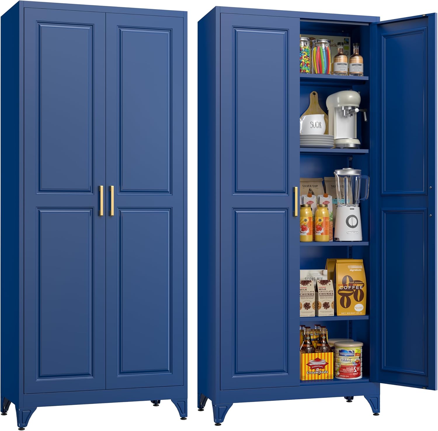 Kitchen Pantry Storage Cabinets, 75" Tall Metal Storage Cabinet with Doors and 4 Shelves, Blue Pantry Cabinet, Utility Kitchen Cupboard, Large Steel Cabinets for Dining, Office, Living Room